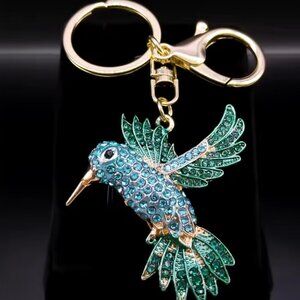 Green Hummingbird Keychain for Women Men Rhinestone Gold Color Alloy Animal Bird